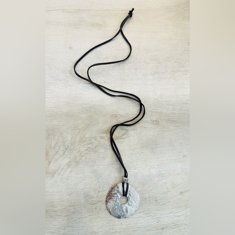 Textured Silver Disc Pendant Necklace - Women Jewelry